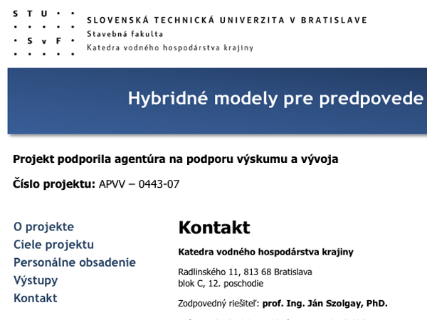 Webové stránky projektu Hybridné modely pre predpovede prietokov